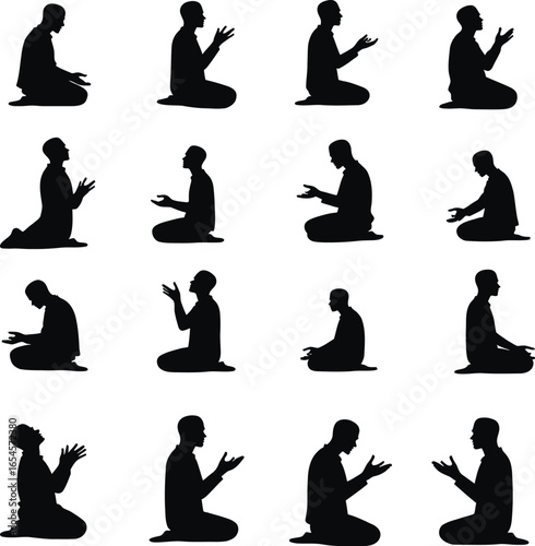 Muslim men praying silhouettes diverse poses
