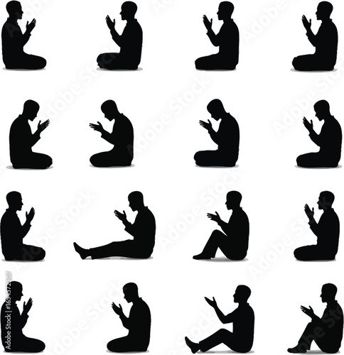 Twelve silhouettes of men praying in various poses