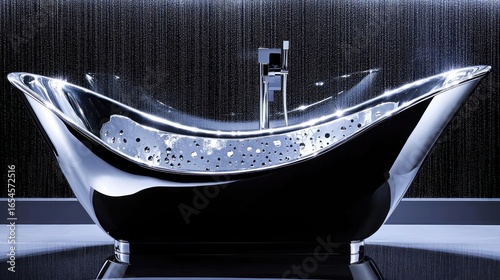 Futuristic bathing experience, metallic bathtub with flowing water backdrop providing a sense of