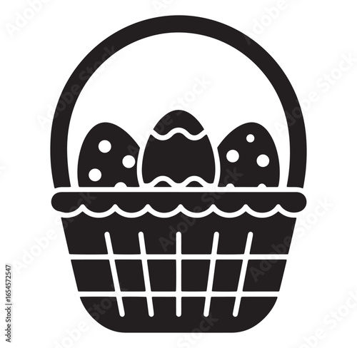 A black and white vector illustration depicting an easter basket full of decorated eggs