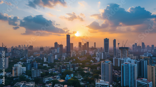 Aerial view of modern city skyline at sunset, Bhandup West, Mumbai, India