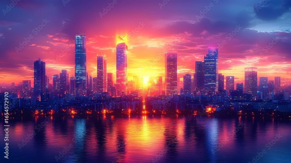 Fototapeta premium Vibrant cityscape with skyscrapers reflecting in the water at sunset