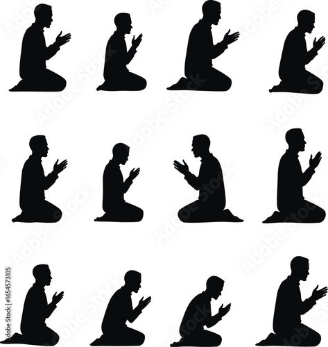 Twelve men kneeling in prayer silhouette poses