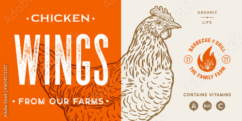Label, sticker, tag. Chicken, farm hen sketch. Hand drawn sketch. Meat tag, food label template. Vintage retro print, black white rooster chicken, hen drawing. Vector Illustration