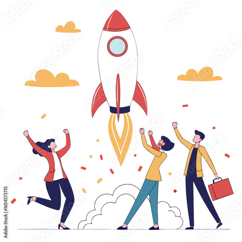 Business team celebrating rocket launch with confetti