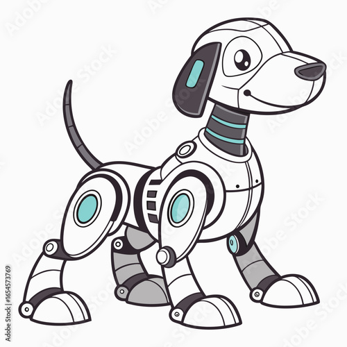 Cartoon robot dog with articulated limbs and glowing eyes