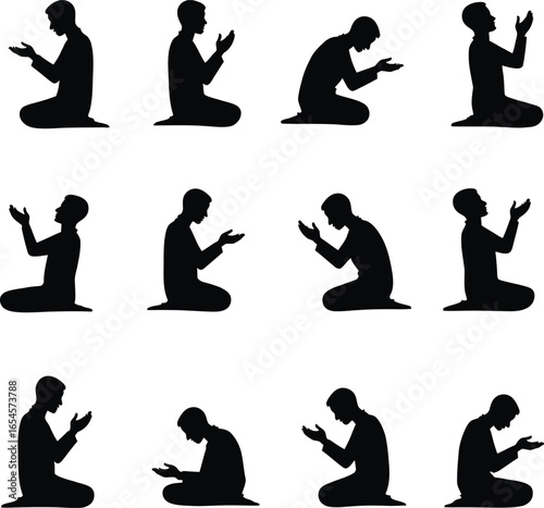 Twelve silhouettes of men praying in various poses
