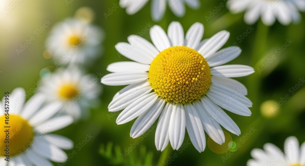 Fototapeta premium White Daisy Flower with Yellow Center in Green Garden