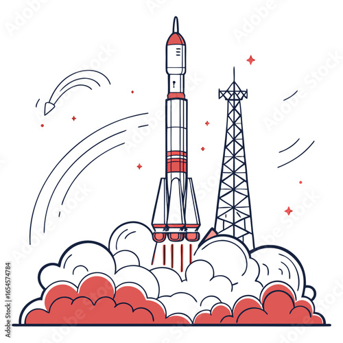 Rocket launch with smoke and launch tower space spacecraft