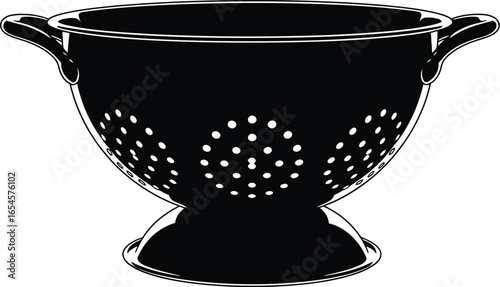 Black colander with holes, kitchen tool for draining pasta and vegetables