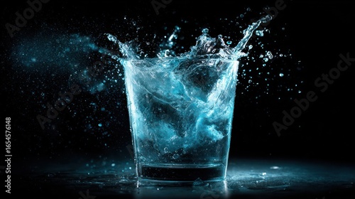 A glass of liquid, possibly water, is shown with a dramatic splash frozen in time.