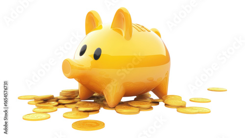 Bright yellow piggy bank surrounded by shiny coins on an transparent background