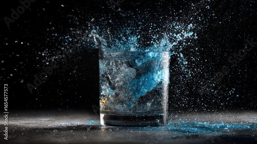 A high-speed photograph captures the moment a liquid, possibly water with blue dye
