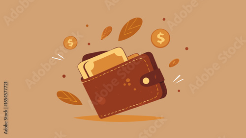 Leather wallet with cash and coins surrounded by autumn leaves in warm flat cartoon style