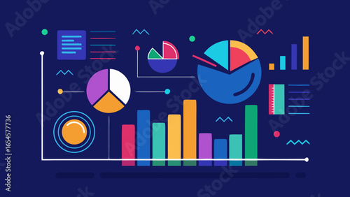 Colorful infographic elements including pie charts, bar graphs, and data visualizations on a dark background