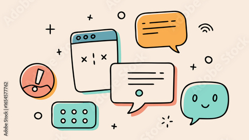Hand-drawn style illustration of chat bubbles, error messages and interface elements on beige background