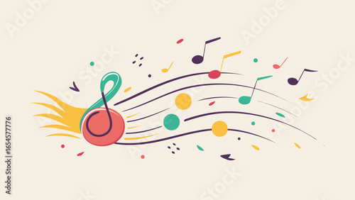 Colorful musical notes and treble clef with dynamic lines on a light background in flat cartoon style