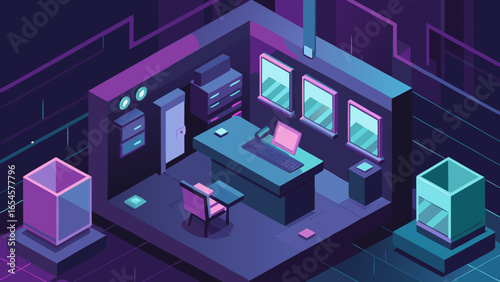 Futuristic isometric office interior with glowing neon lights and digital elements in cyberpunk style