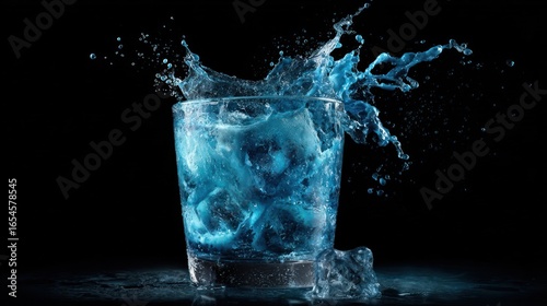 A cocktail glass with dynamic water splash, illuminated in shades of vibrant blue