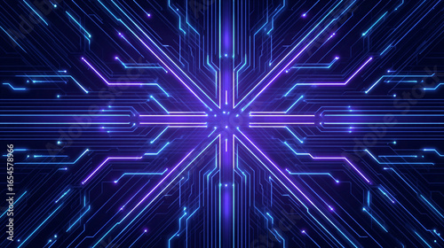 Vibrant blue and purple digital circuitry design emanating from the center, showcasing a futuristic technology concept with intricate details and glowing lines