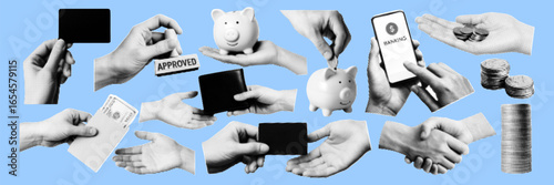 Halftone pop art collage of hands with wallet, credit card, piggy bank, cash, coins, banking, finance and payment concept on blue background