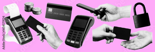 Halftone pop art collage of POS terminal, credit card, payment methods, hands, banking, shopping and transaction concept on pink background