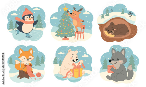 Cozy winter scenes with animals set. Penguin, reindeer, brown bear, fox, polar bear, wolf. Simple flat doodle style, cozy warm winter mood