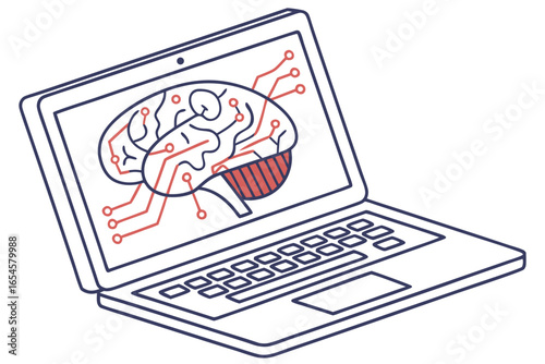 Laptop Displaying Digital Brain and Circuits computer