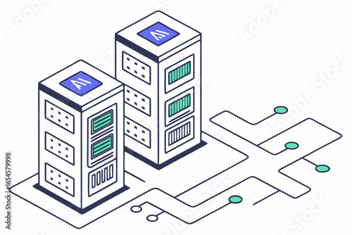 Isometric AI server racks with network connections