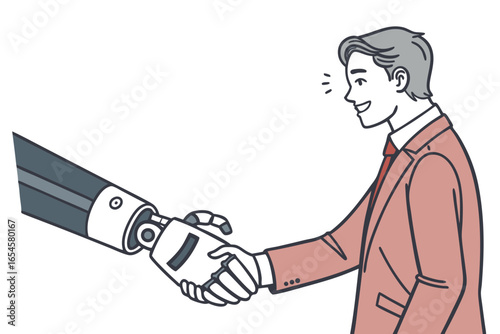 Man in suit shaking hands with a robot hand businessman