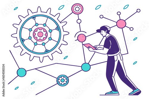 Person interacting with a network of gears and nodes