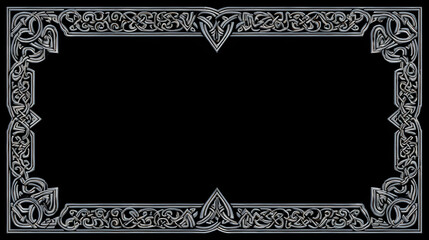 Scandinavian-inspired frame design, blending ancient Celtic and Viking motifs, isolated on a black background