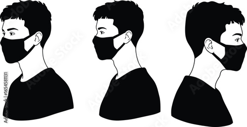 Young man wearing black face mask in profile, side view, silhouette illustration, protective mask for health safety, COVID-19 prevention, pandemic concept