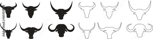 Bull head icon set, black silhouette and outline vector collection of cattle, ox, buffalo, and cow skulls with horns, animal head logo, ranch, farm, rodeo, mascot and tattoo design bundle