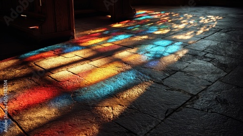 Sunlight paints color on stone floor in a church, illuminating the interior