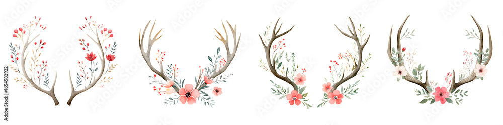 Obraz premium Watercolor Floral Antlers Decoration Set on White