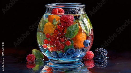 Berries and oranges suspended in water inside of a clear glass bowl on dark surface