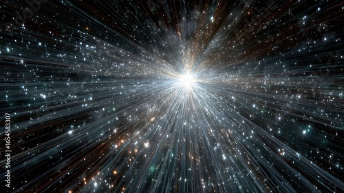 An abstract image features a bright light in the center