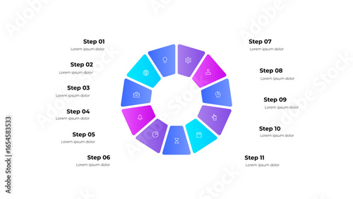 Circular infographic with eleven colored segments, each labeled as a step with distinctive icons. The design communicates a stepwise process, modern structure, and business concepts