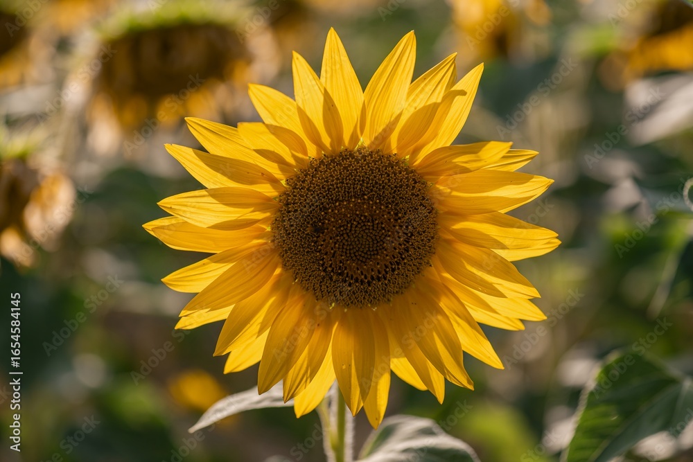 Naklejka premium A vibrant field of sunflowers glowing under the golden African sun, their yellow petals facing the light, symbol of life, joy, and endless summer beauty