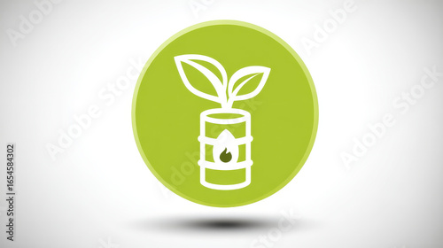 Green icon with plant growing from fuel barrel symbolizing biofuel innovation and sustainability
