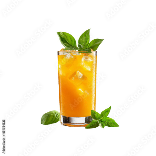 Refreshing Iced Orange Juice with Basil Garnish in Tall Glass