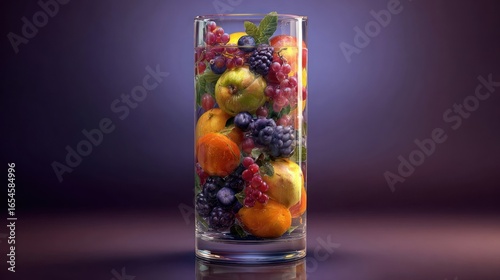 Glass filled with colorful assortment of fruit against a blurred purple background