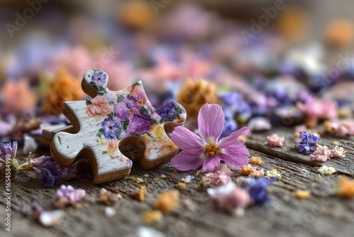 Floral jigsaw puzzle pieces on rustic wood, scattered dried flowers