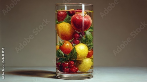 Clear glass cylinder filled with colorful mixed fruit and green leaves, lit dramatically