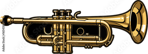 Golden trumpet illustration in detailed vector style. Perfect for music festival posters, jazz themes, band graphics, and educational music designs