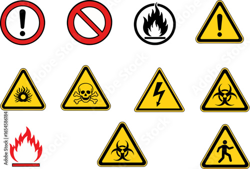 Collection of hazard and safety warning signs in flat vector style. Includes fire hazard, toxic, biohazard, electrical danger, and general caution symbols. Perfect for safety manuals, industrial signs