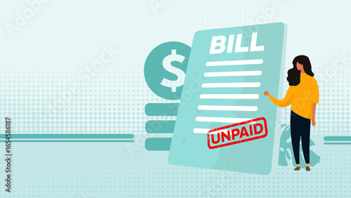 Debt banner with a woman and an unpaid bill - vector illustration