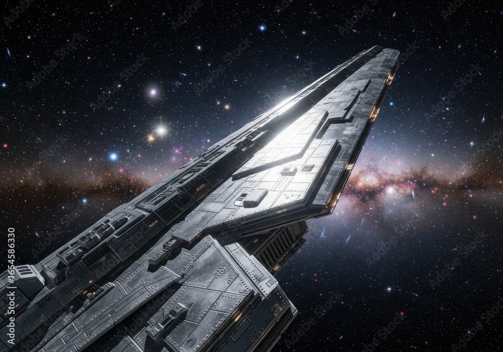 Obraz premium Futuristic Spacecraft Flying Through Starry Galaxy in Deep Space