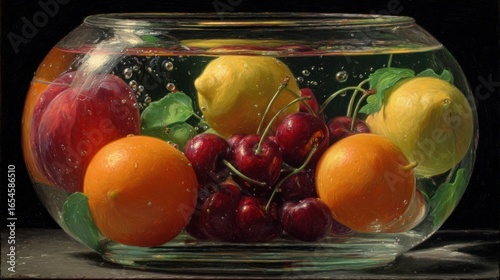 Glass bowl filled with vibrant, colorful fruits, immersed in water, creating refraction effects